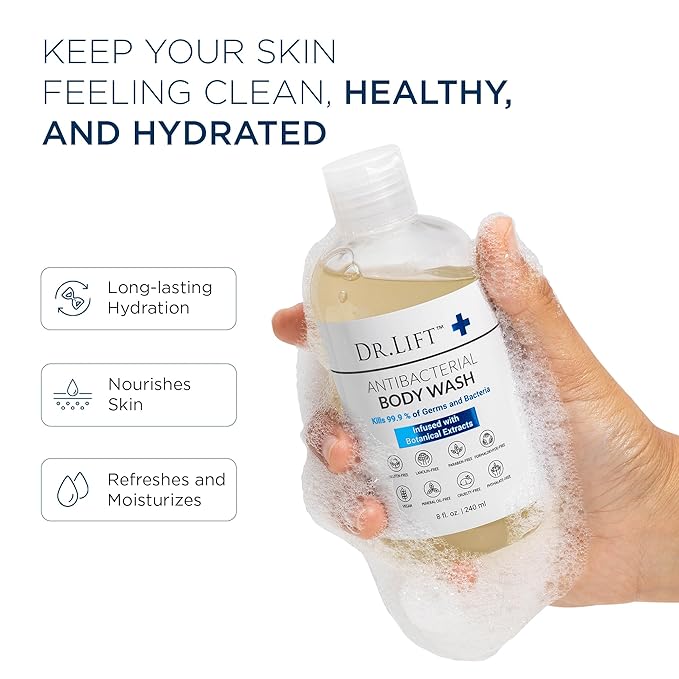 Antibacterial Body Wash | Kills 99.9% of Germs | Made in America | Antibacterial Soap - Infused with Botanical Extracts | Shower Gel Body Wash for Women & Men | Liquid Bath Soap - 8 Oz. | Dr. Lift
