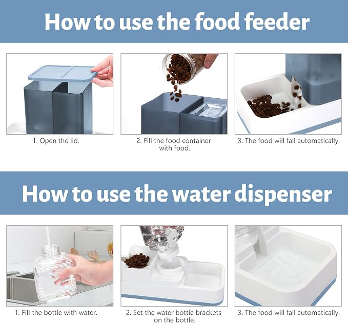 Yummy Sam Automatic Small Pet Feeder and Water Dispenser, Blue | 2 in 1 Gravity Cat Auto 1.5L Pet Feeder and 1L Waterer Set, Feeder Dish for Small Medium Pets Dog Puppy Kitten
