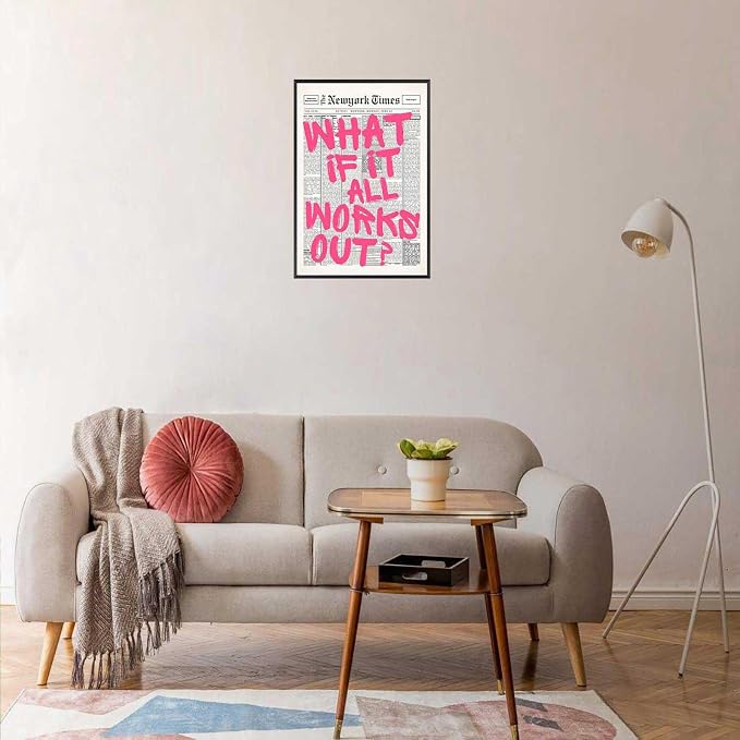 Drimiler Retro Newspaper Pink Font Poster What If It All Works Out Canvas Wall Art Positive Affirming Quote Minimalist Prints Painting For Home Bedroom Dorm Wall Decor 12x16in Framed