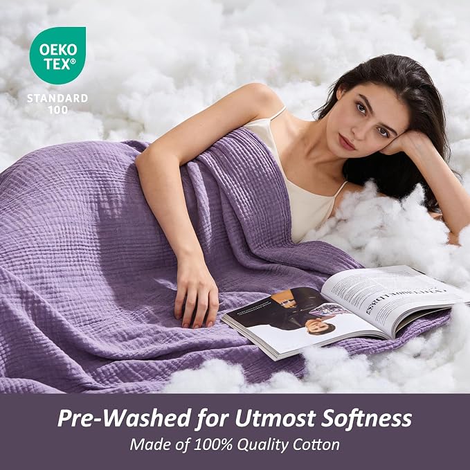 EMME Cotton Muslin Twin XL Blanket Breathable Gauze Soft Lightweight Adults Gifts for Women (Heather Purple, 66"x90")