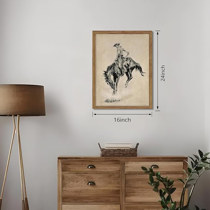 Western Cowboy Wall Art, Vintage Farmhouse Canvas Wall Decor Painting, Retro Southwestern Cowboy Artwork Prints Pictures for Bedroom Living Room Home Decor 16x24 Inch Framed