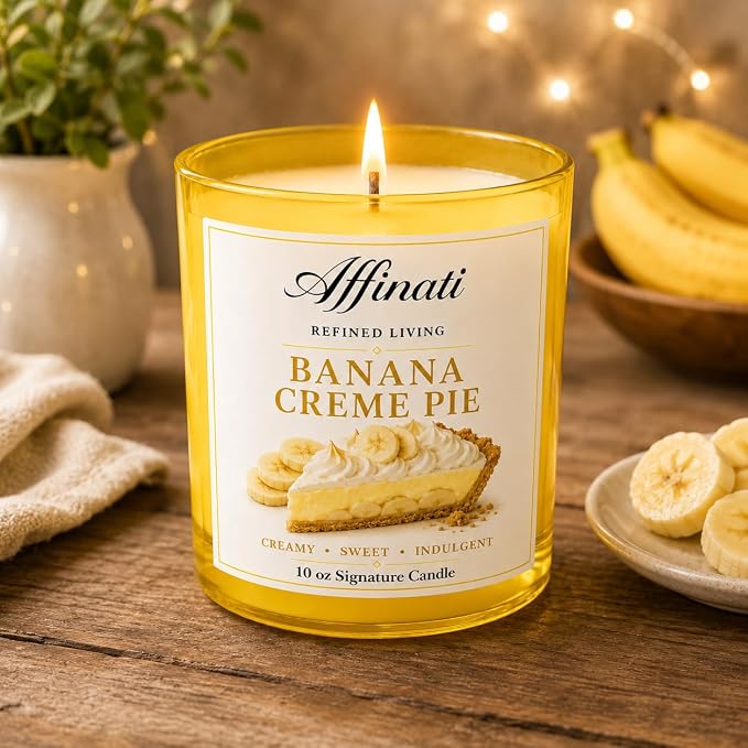 Affinati Banana Creme Pie 10 oz Scented Candle – Long Lasting Luxury Soy Blend Candle for Home, Strong Scent Throw Sweet Fruit Gourmand Bakery Candle, Premium Home Fragrance Aromatherapy Gift