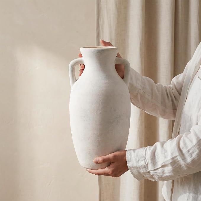 Ceramic Flower Vase with Handles, Neutral Tall Clay Decorative Terracotta Vases Farmhouse Table Vases Living Room Decor Rustic Pottery Pots for Home Shelf Coffee Dining Desk (A-12 h-Antique Beige)