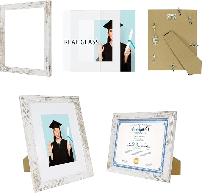 Hongkee 8.5 x 11 Picture Frame Set of 4, Made of Real Glass and Distressed White Certificate & Diploma Frame, 8.5 by 11 Photo for Wall or Tabletop - Display Picture 6x8 with Mat or 8.5x11 Without Mat