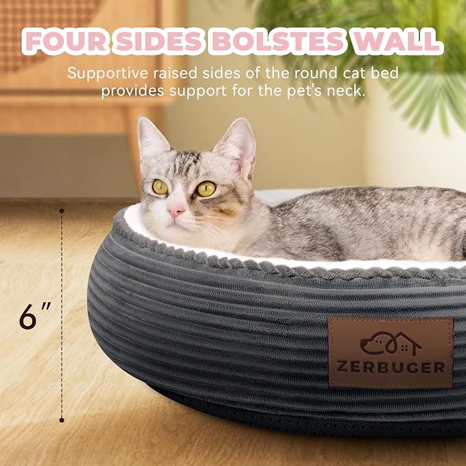 Zerbuger 20in Dark Grey Round Dog Bed Sofa for Dogs Cats, Machine Washable | for Small/Medium/Large Dogs Cats, Foam Pet Couch with Removable Mat Non-Slip Bottom, Pet Cuddler for Indoor/Outdoor/Car/Cage