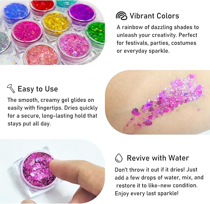 12 Colors Body Face Glitter, Chunky Hair Glitter Gel for Women Kids, Body Makeup for Halloween Party Rave Festival Accessories