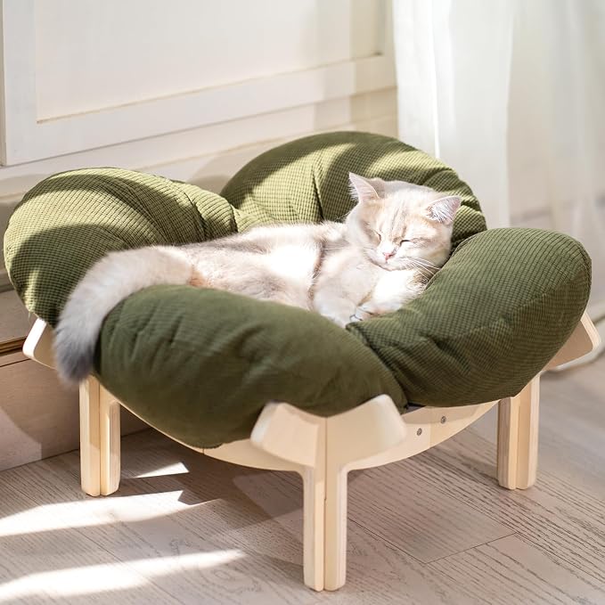 Elevated Cat Bed for Indoor Cats Couch Sofa Flower | Pet Beds with Soft Washable Cushion, Stable Wooden Frame, Raised Cat Hammock & Furniture for Kitty & Puppy All-Season(Green)