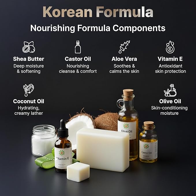 Shea Butter & Castor Oil Soap Bar - Advanced Hydration & Gentle Skin Cleansing Moisturizing Face & Body Wash - Natural Korean Cold-Pressed Formula with Castile Oil, Vitamin E & Aloe Vera - 2 Pack