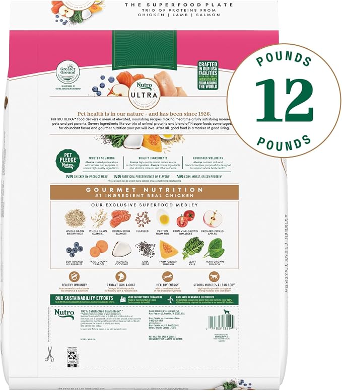 Nutro Ultra Small Breed Adult Dry Dog Food, Chicken, Lamb & Salmon, 12 lb | High-protein trio, Non-GMO, no corn, wheat, soy, 14 superfoods blend, Omega 3 & 6 fatty acids, essential antioxidants