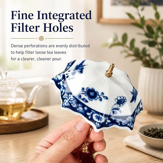 Umbrella Shape Ceramic Tea Strainer with 360° Rotating Drip Tray, Blue and White Porcelain Loose Leaf Tea Filter for 2.5-4 Inch Cups, Mugs and Teapots, Dishwasher Safe Reusable Tea Bag Alternative