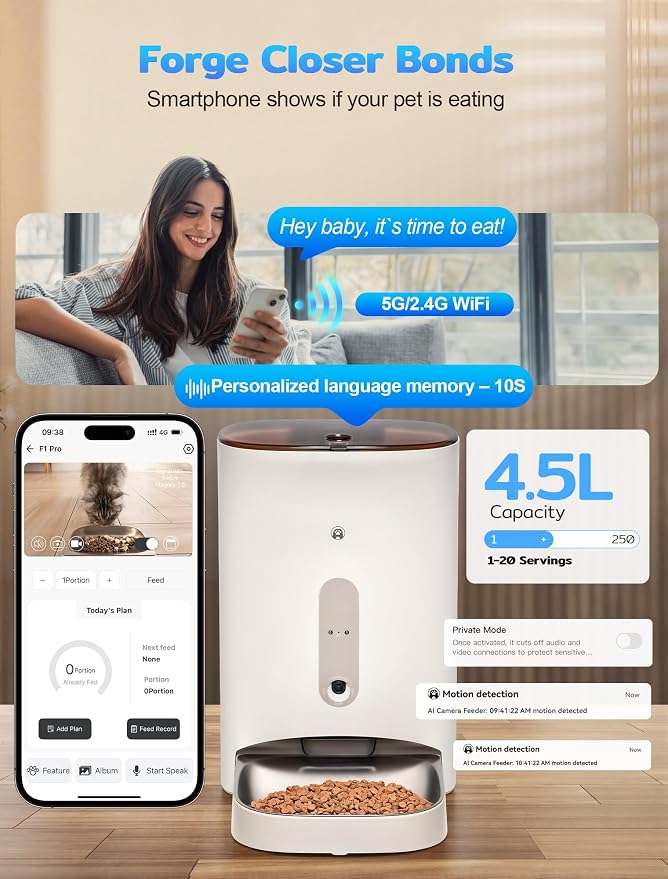 Automatic Cat Feeder with 3MP Camera,2K HD Video with Night Vision,5G/2.4G WiFi Pet Feeder with 2-Way Audio,App-Controlled Timed&Blockage Sensor,Detachable for Easy Cleaning with Desiccant for Cat/Dog