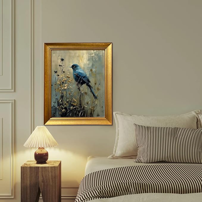 Vintage Blue Bird Canvas Print Gold Framed Wall Decor Dark Cottage Core Farmhouse Wall Art Academia Gothic Aesthetic Moody Botanical Woodland Oil Painting Artworks for Bedroom Living Room Decor