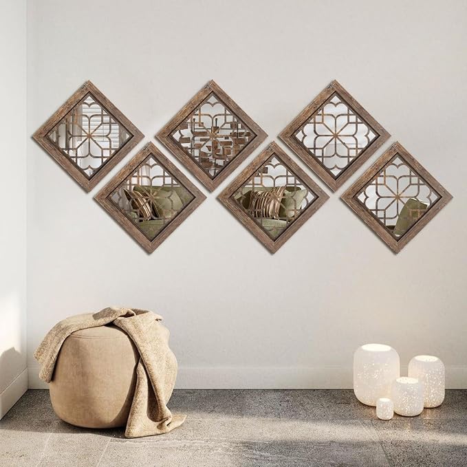 Set of 4 Boho Wall Mirrors with Carved Floral Design, 12x12 Inch Rustic Farmhouse Accent Mirrors, Vintage Style Shatterproof Square Mirror Decor for Living Room, Bedroom，Maroon