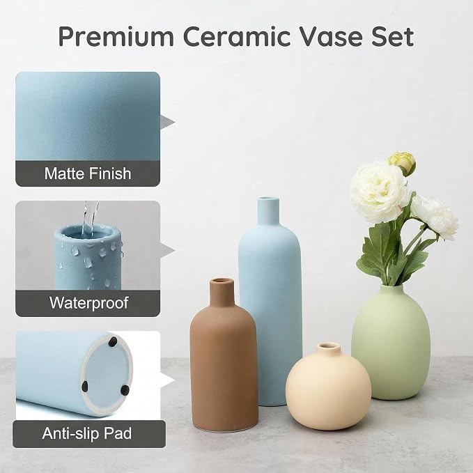 Ceramic Vase Set of 4, Modern Minimalist Colors Home Decor, Rustic Decorative Flowers Vases for Bouquet, Pampas | Table Mantel Centerpiece Bookshelf Living Room Bedroom (Minimalist Mix Set of 4)