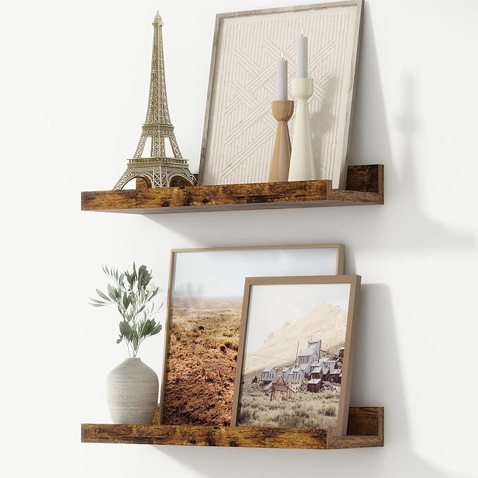 Picture Ledge Shelf, Floating Shelves for Wall, 16" W Set of 2, Brown | FSC Certified Engineered Wood, Wall Mounted Bookshelf, for Nursery Living Room Bedroom, Pre-Drilled, Easy Install