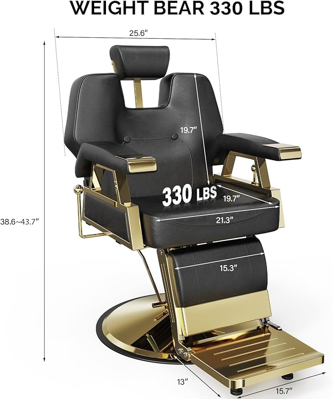 OmySalon Classic Barber Chair with 2 Hand Levers, Reclining Salon Chair for Hair Stylist All Purpose Heavy Duty, Adjustable Headrest, Tattoo Barbershop Beauty Spa Equipment, Black & Gold