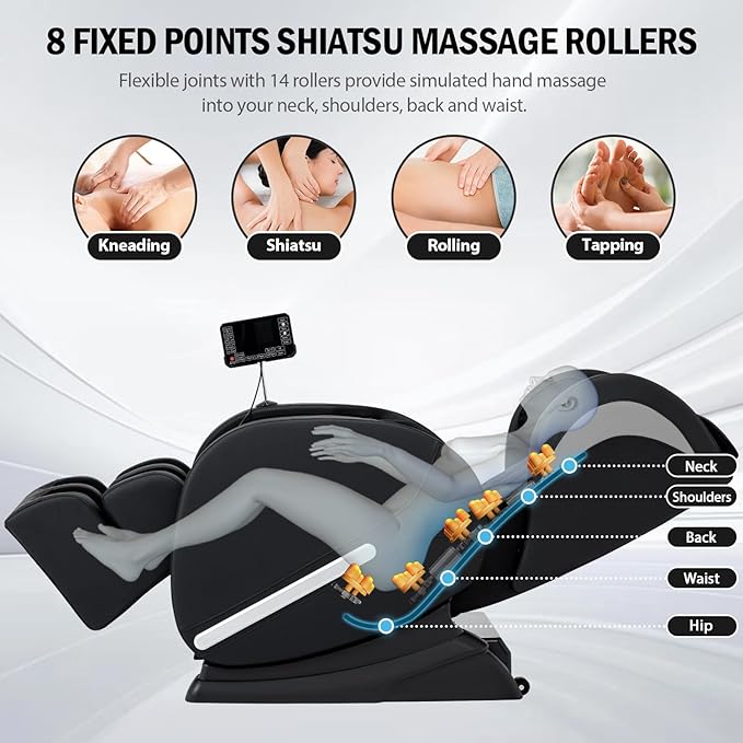 Zero Gravity Massage Chair - 8 Fixed Rollers Full Body Shiatsu with Back Heat, Foot Roller & Air Compression - Relieve Back Pain for Sedentary Workers/Elderly (Home Office Use)