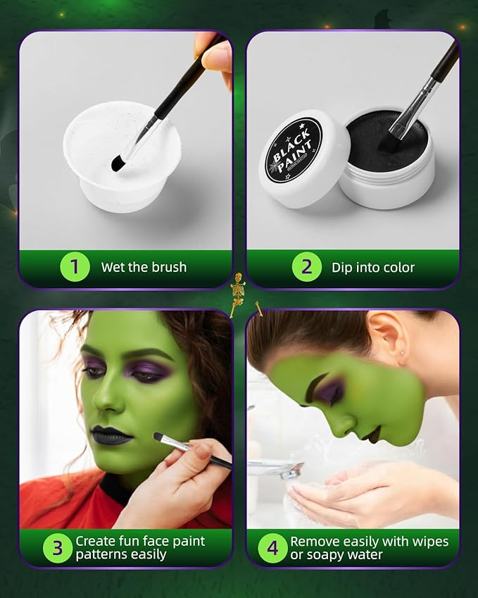 Halloween Green Witch Makeup Kit - Lictin Complete Witch Green Face Paint with Purple Glitter, Professional Witch SFX Make Up Kit for Halloween, Costume, Cosplay, Carnivals for Adults & Kids