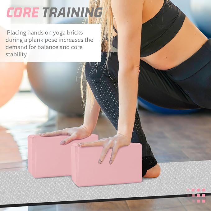 Yoga Blocks 2 Pack 3x6x9IN Foam Block Supportive Latex-Free with Stretch Band, Non-Slip Exercise Blocks for Pilates, Meditation, Balance, Stretching and Deep Poses