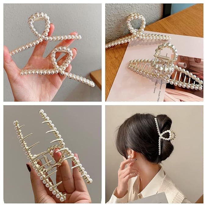 Rhinestone Hair Claw Clips, Textention Large Size Imitation Pearl Claw Jaw Clips for Women Thick Thin Hair Elegant Crystal Clasps Clamps Accessories Headwear Styling Tools for Party Wedding (2 Pack)