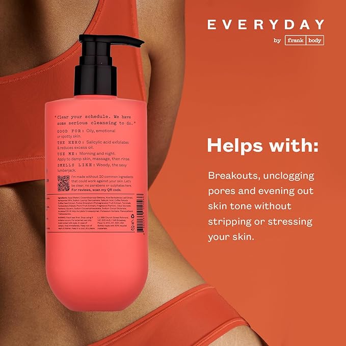 frank body Clearing Body Wash | Vegan & Cruelty Free | With Salicylic Acid for Removing Stubborn Dead Skin, Excess Oil, Black & White Heads| Mandarin & Cedarwood Scent | (360mL / 12.17 fl oz)