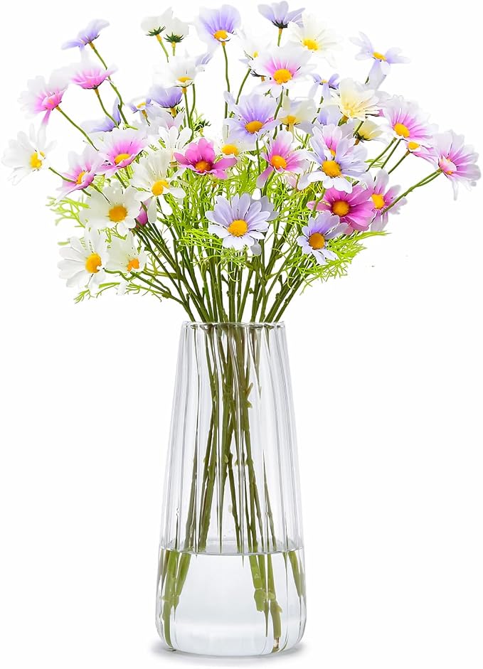 Clear Glass Vase for Flowers, Ribbed Flower Vase for Home Decor, 8.3in H | Modern Glass Vases Centerpieces for Living Room,Bedroom,Dining Room,Bathroom,Office,Wedding, Housewarming Valentine Gifts