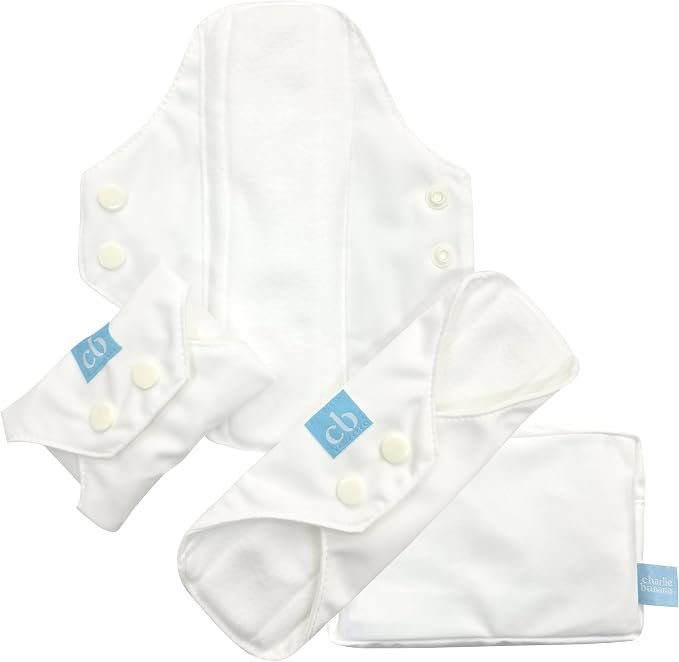 Charlie Banana - Reusable Feminine Pads Liner 3 Pack with Pouch | Washable Menstrual Pads for Light Absorbency | White