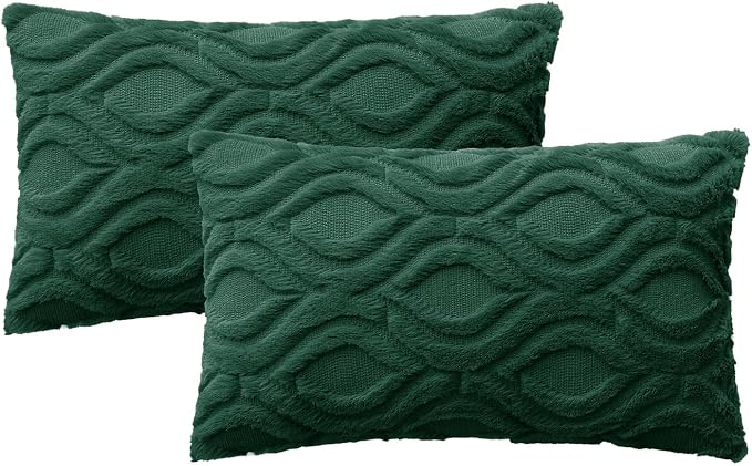 MIULEE Dark Green Soft Plush Faux Wool Lumbar Throw Pillow Covers 12x20 | Set of 2, Farmhouse Boho Home Decor, Decorative Cushion Covers for Sofa, Living Room, Bed