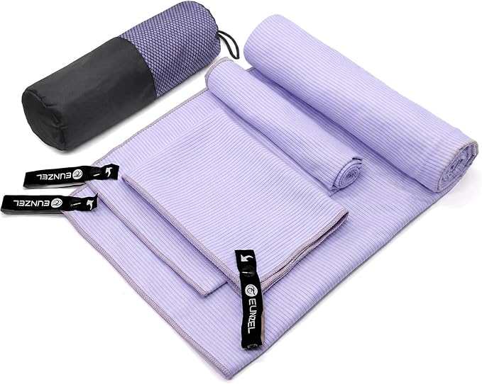 Eunzel Quick Dry Camping Towel, Microfibre Ribbed Towel Travel Towel 3 Sizes 1 Pack Fast Drying Towel Set for Camping, Beach, Gym, Sports, Yoga & Swimming Pool, Purple