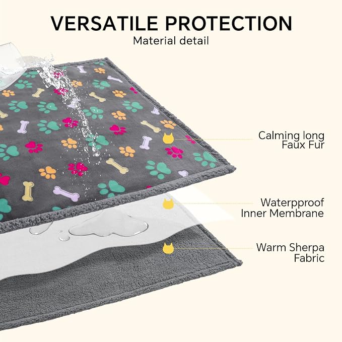 Luciphia Waterproof Dog Blanket Reversible Sherpa Fleece for Large Dogs Cat | Soft Print Pet Blanket Washable Pee Proof, Furniture Protector for Couch Sofa Bed Car, Cozy Throw (85" x 57", Grey Bone)