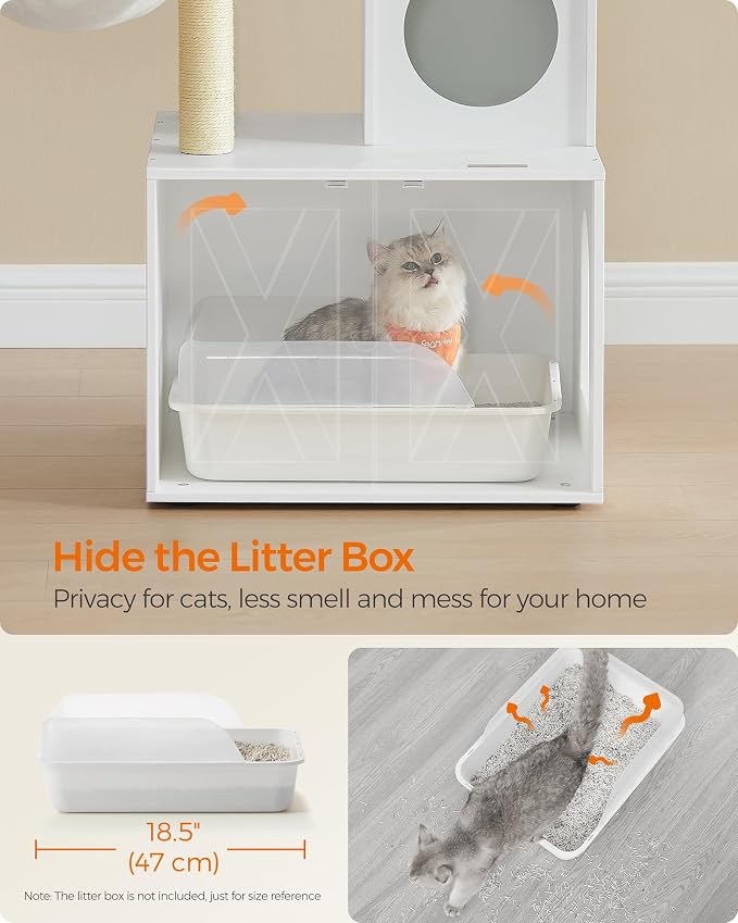 Feandrea Cat Tree with Litter Box Enclosure, 59-Inch Modern Cat Tower | 2-In-1 Condo with Scratching Posts, Washable Removable Cushion, Cloud White UPCT113W01