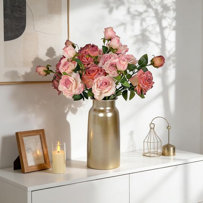 Gold Seamless Metal Flowers Vase Decor, 10.8" Tall Centerpiece Metallic Vases Decorative for Farmhouse Home Kitchen Counter Living Room Entryway Fireplace Aesthetic, floreros para centros de mesa