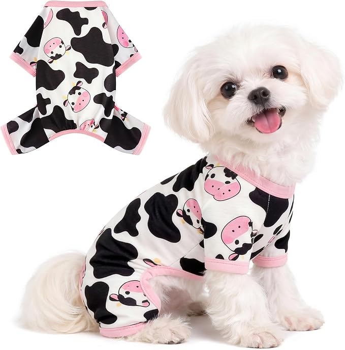 DaFuEn Dog Pajamas for Small Dogs, Soft Stretchy 4 Legs Puppy Jumpsuit, All Season Cozy Pet PJs for Chihuahua Yorkie Teacup Dogs, Cat Clothes (Pink Cow, L)