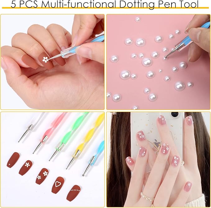 Mckanti 11176pcs Nail Pearls for Nail Art, 8 Mixd Sizes (2/3/4/5/6/8/10/12mm) Flatback Pearls Half Round Pearl Beads Loose Beads with 5 Dotting Pens and 1 Tweezer for DIY Crafts Nail Art Making