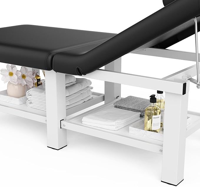 pouseayar Stationary Massage Table Folding Bed with Backrest for Treatment Table Physical Therapy Table Spa Facial Bed, Metal Frame PU Leather, 30.5'' Wide × 75'' Long - Black
