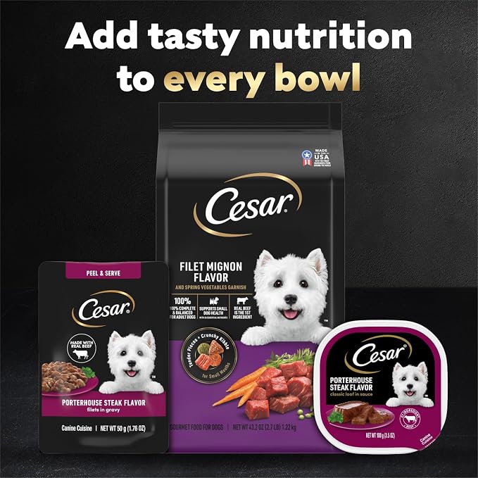 Cesar Mini-Pouch Wet Dog Food, Porterhouse Steak Flavor, 1.76 oz, 20 Count | Real beef, protein-packed, no fillers or artificial flavors, slow-cooked tender texture, serve as meal, snack, or topper