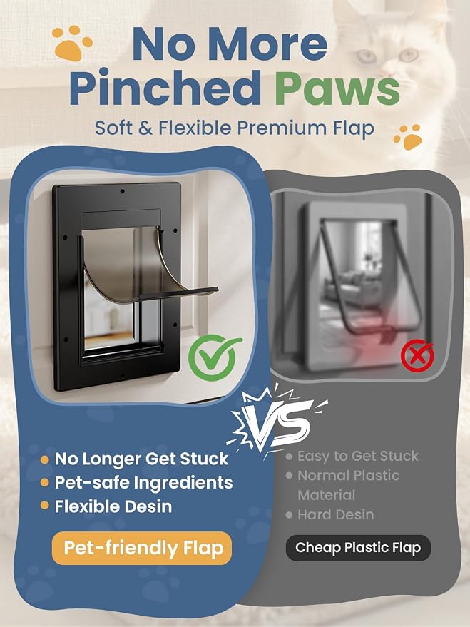 Cat Door with Soft Magnetic Flap, Pets Up to 20 lb, Black | Sliding Lock Panel, Soft Magnetic Flap, Adjustable Tunnel, Save energy, Easy DIY Installation Exterior Cat Doors