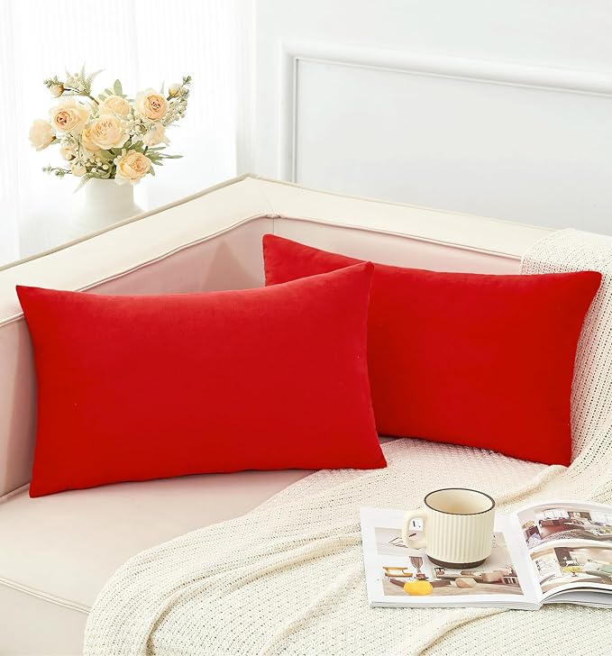 Pack of 2 Christmas Red Pillow Covers 12x20 Inch Decorative Throw Pillow Cover, Velvet Lumbar Pillowcases for Couch Sofa Bed, Home Boho Decor, Modern Soft Cushion Covers