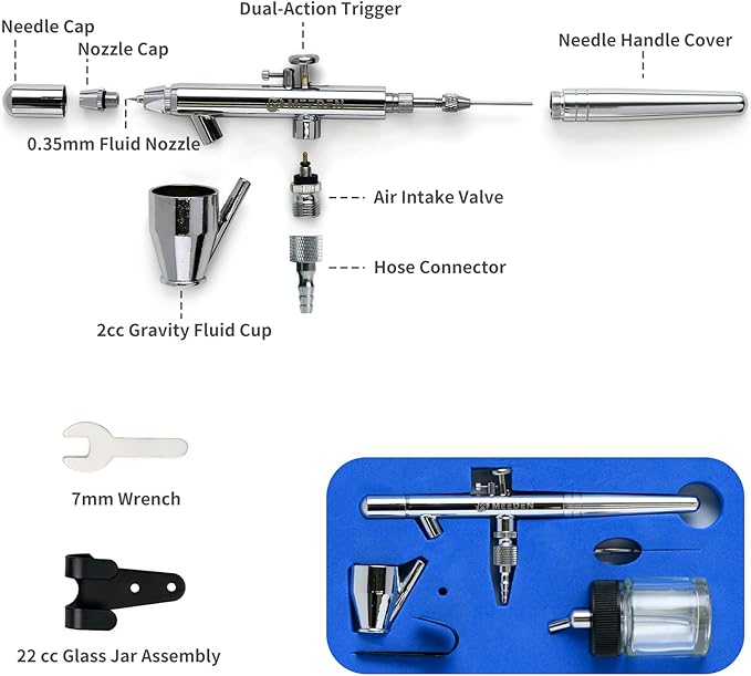 MEEDEN Airbrush Spray Gun Kit: 3 Pack of 0.25, 0.35, 0.5mm Needles Pre-Equipped Air Brush Paint Guns - Dual-Action Gravity Feeds and Siphon Feed for Model Nail Makeup Cake