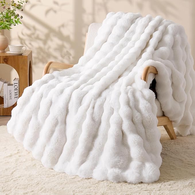 BEDELITE Faux Fur Throw Bubble Blanket for Couch, 50" x 60", White | 870GSM Soft Cozy Plush Blanket for Sofa & Bed Living Room Decor, Warm Fuzzy Faux Rabbit Fur for Women Gift, All Season Use