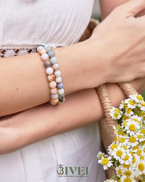 Bivei Natural Gemstone Semi Precious Healing Crystals Handmade Stretchy Round Beads Bracelet,Stocking Stuffers for Women Enhance Positive Energy