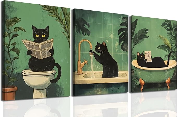 Funny Bathroom Black Cat Wall Art Set of 3, Whimsical Animal Bathroom Wall Decor Painting Maximalist Quirky Dark Pet Cat Toilet Canvas Poster Prints Aesthetics, Framed 16x24 inch