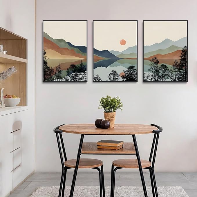 Blue Mountain Framed Canvas Wall Art Set of 3 16x24 inch | Boho Watercolor Wall Decor, Blue Mountain Sun Forest Prints, Living Room Bedroom Office Art