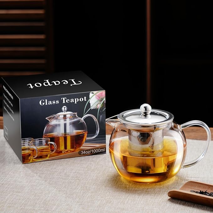 PARACITY Glass Teapot Stovetop 34OZ, Borosilicate Clear Tea Kettle with Removable 18/8 Stainless Steel Infuser, Teapot Blooming and Loose Leaf Tea Maker Tea Brewer (transparent, 34oz/1000ML)