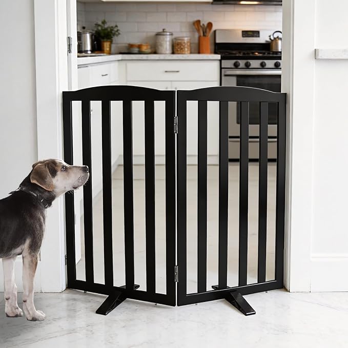 ZJSF Foldable Freestanding Indoor Dog Gate for House Wood Long Pet Gates Dog Fence for Stairs Puppy Gates for Hallways, Puppy Gate,Support Feet Included, Black, 32 "Height-2 Panels