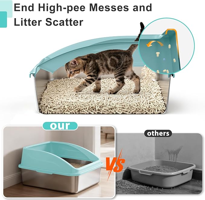 AIPERRO Stainless Steel Cat Litter Box | XXL Deepened 8" Design | Metal High Sided Box with Lid for Big Cats | Anti-Urine Leakage | Non-Stick & Easy to Clean with Litter Mat & Metal Scoop