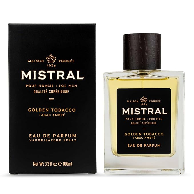Mistral Men’s Cologne – Golden Tobacco Eau de Parfum | Warm & Aromatic Perfume For Men with Bergamot, Tonka Bean & Cashmere Wood | Cruelty-Free & Long-Lasting Cologne for Men, Made in France - 3.4 Oz