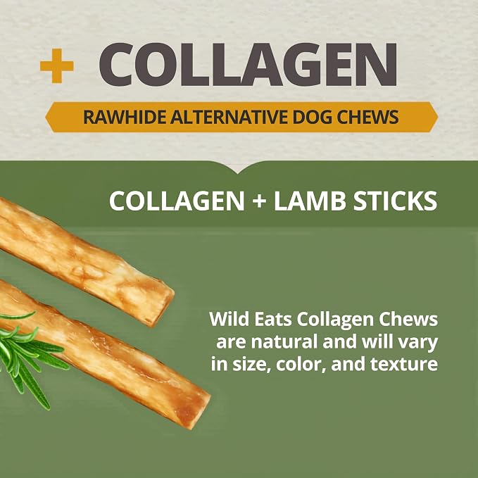 Wild Eats Lamb Collagen Sticks for Dogs, 25 Pack, Bully Stick Alternative | Rawhide and grain free no hide chew treats, 0.6 cm chew width, high protein, long lasting, satisfies natural gnawing urges