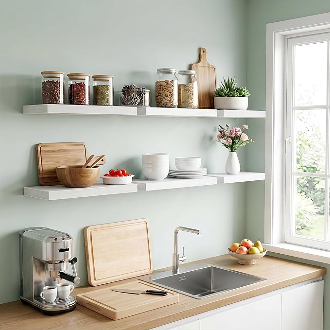 Fixwal Floating Wall Shelves for Decor (White Set of 6, 15.7 Inch) | MDF Shelves with Metal Brackets, Space Saving for Books, Decor, Works in Bathroom, Kitchen, Living Room, Bedroom