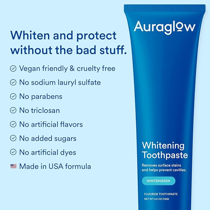 Auraglow Whitening Toothpaste, Hydrogen Peroxide Toothpaste with Fluoride, Whitens Teeth, Prevents Cavities, Strengthens Enamel for Adults, Kids Oral Care, Wintergreen Flavor, 4 oz (1 Pack)